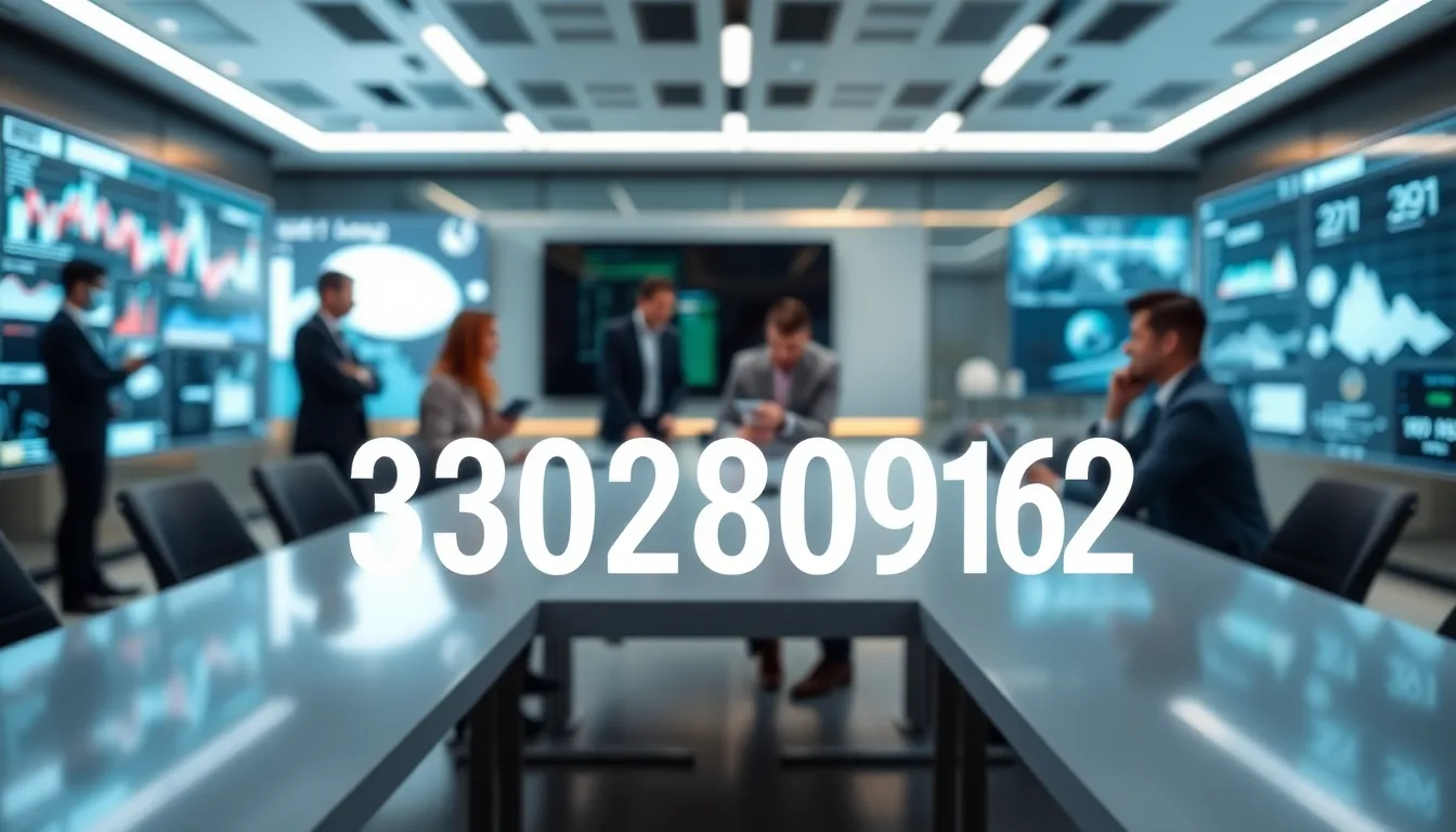 futuristic interface displaying the number 3302809162 in a modern office.