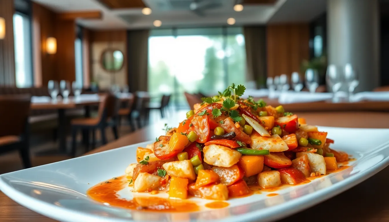 A beautifully arranged plate of fascagail in an upscale restaurant setting.
