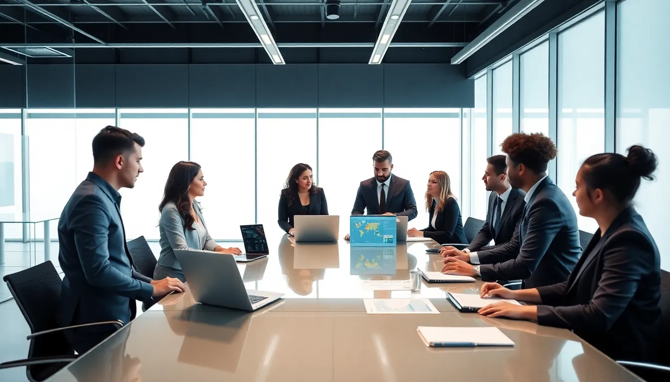 diverse team collaborating in a bright, modern office on logistics and data.