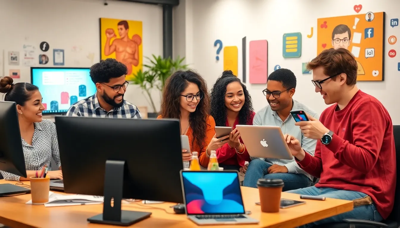 diverse content creators collaborating in a modern workspace.