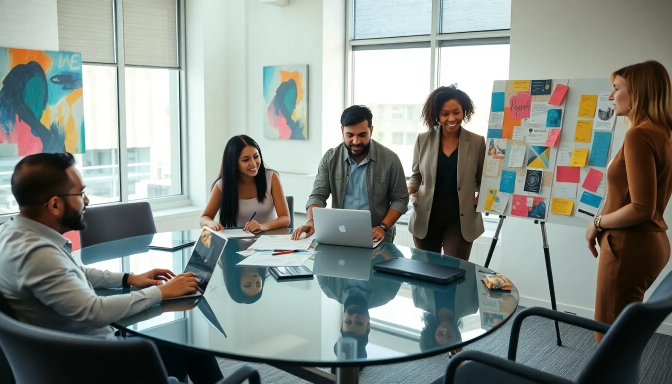 diverse professionals collaborating in a creative office setting.
